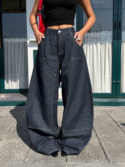 Muchica 女士宽松时尚休闲百搭街头风蓝色牛仔裤