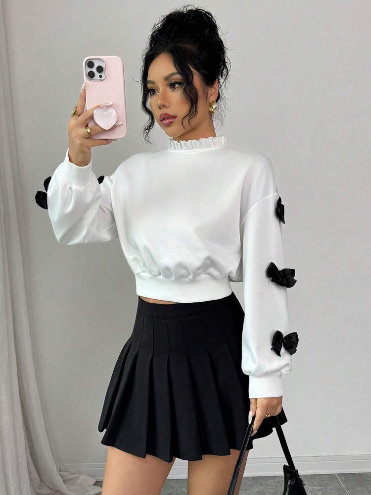 Elenzga Women's New Bow Decor Fashion Forward Long Sleeve Sweatshirt, Autumn/Winter - White - View 5