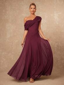 Lumalex VITNOS 秋冬系列简约复古闪亮假日派对狂欢节郊游泳装度假波西米亚风 BOHO 热辣户外层叠婚礼季宴会成人礼海滩海滨新款冬季海滩度假复活节波西米亚风海滩户外婚礼派对成人礼返校派对优雅安哥拉红色网纱单肩褶皱装饰修身包臀长裙 - 酒紅色 - 查看 6