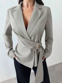 Firerie 女士金属装饰浅灰色仿亚麻腰部西装外套/秋季女装/秋季穿搭/秋季套装/返校季/返校节/商务休闲女装/老钱风女装/女士办公室穿搭/外出穿搭 - 淺灰色 - 查看 3
