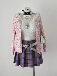 Sunspun 复古紫色高腰百褶裙，修身A字迷你裙，学生夏季裙装 - 紫色 - 查看 6