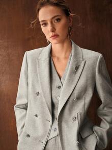 MOTF PREMIUM WOMEN'S AUTUMN/WINTER WOOL BLEND HERRINGBONE TWEED SHINY SEQUIN DOUBLE-BREASTED BLAZER - Light Grey - View 3
