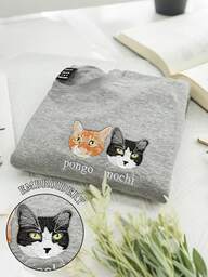 INAWLY かわいい猫のカートゥーン文字刺繍 レディース ファッション ラウンドネック 半袖 カジュアル ルーズTシャツ、秋冬