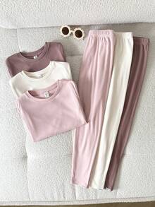 SHEIN 6件套少女秋冬连体衣套装，包括圆领长袖上衣、字母装饰的九分袖长裤、柔软亲肤的保暖内衣，以及一套包含长袖上衣和打底裤的睡衣套装。 - 彩色 - 查看 1