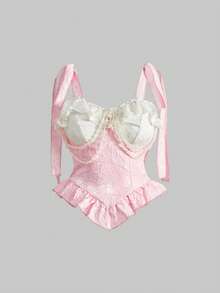 ROMWE Kawaii Áo cánh buộc phía trước bằng vải satin ren Victoria cổ điển dành cho nữ, màu hồng bồng bềnh - Nhiều màu - Xem 1