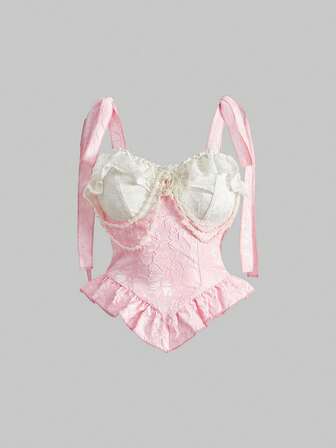 Kawaii Blusa con fiocco anteriore in pizzo e raso vintage vittoriano con decorazione di perle, colore rosa tenue