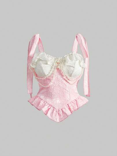 Kawaii Blusa con fiocco anteriore in pizzo e raso vintage vittoriano con decorazione di perle, colore rosa tenue