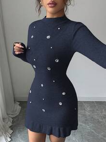 SHEIN Elenzya 秋冬新款针织镶钻立领长袖修身优雅荷叶边下摆女式毛衣连衣裙 - 寶藍色 - 查看 6