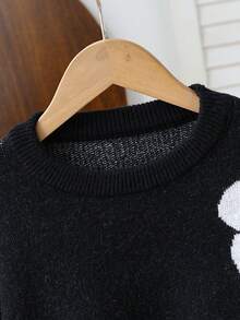 Ensemble pull court à épaules tombantes et jupe plissée avec broderie florale pour adolescentes, doux et confortable, convient pour le quotidien, l'extérieur, les voyages, les vacances, la maison, les soins aux enfants - Noir et Blanc - Voir 5