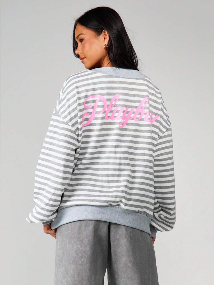Missguided x Playboy Oversized Striped Cardigan Sweatshirt For Women Button Front Knit Cardigan With V Neck Long Sleeve Casual Loungewear