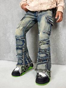 Baby Boy Y2k Retro Vintage Vintage Washed Ripped Frayed Raw Edges Patchwork High Stretch Slim Fit Blue Jeans With Cargo Pocket Fall Winter, Winter - Dark Wash - View 1