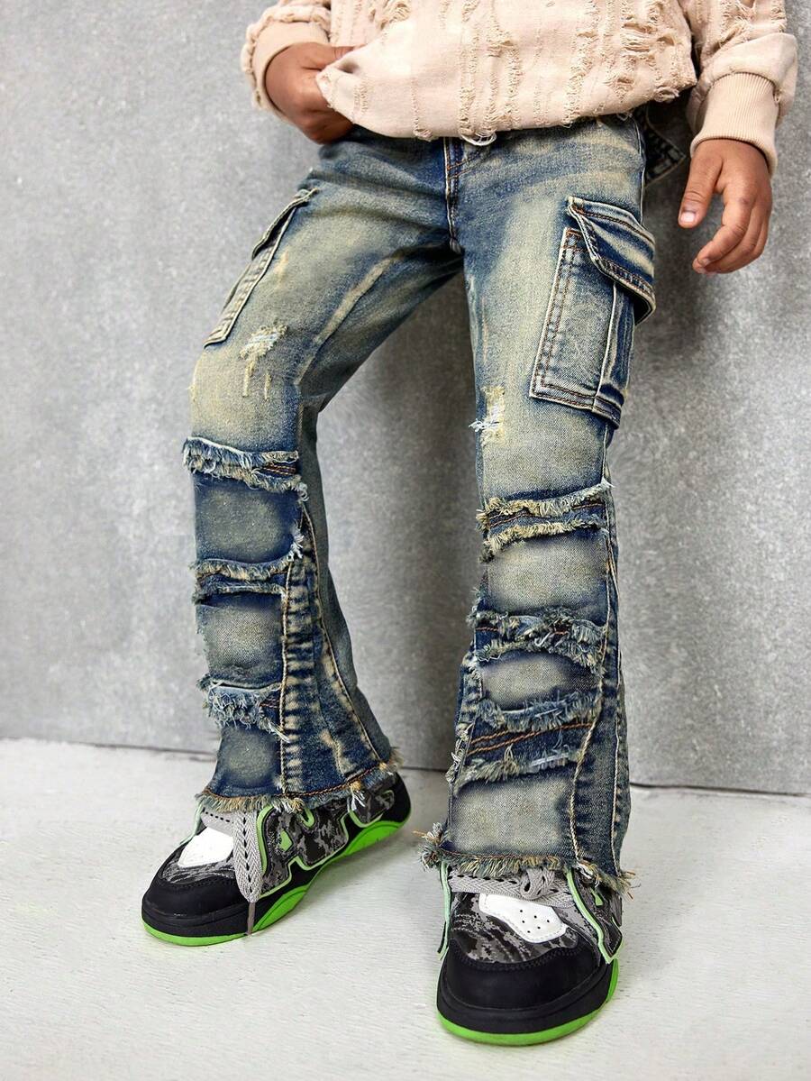 Baby Boy Y2k Retro Vintage Vintage Washed Ripped Frayed Raw Edges Patchwork High Stretch Slim Fit Blue Jeans With Cargo Pocket Fall Winter, Winter - Dark Wash - View 1