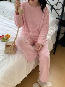 2件套保暖加厚提花法兰绒少女加厚粉色冬季长袖上衣和裤子睡衣套装 - 粉色 - 查看 1