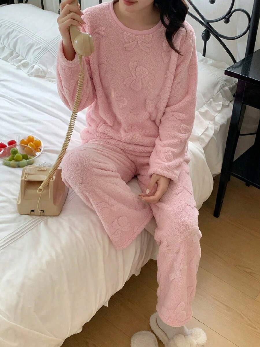 2件套保暖加厚提花法兰绒少女加厚粉色冬季长袖上衣和裤子睡衣套装 - 粉色 - 查看 1