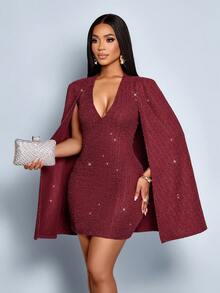 SOLERSUN Herbst Damen Party Kleid aus schimmerndem Tweed Stoff mit schlankem Cape, rotes Kleid geeignet für Zusammenkünfte und Partys, Damenkleid - Bordeaux - Übersicht 7