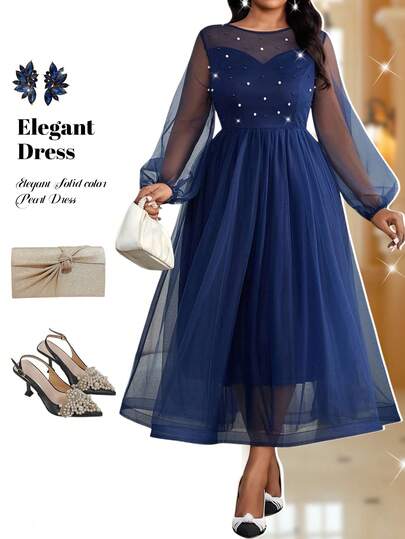 Fleurora Autumn And Winter Elegant Party Wedding Cocktail Party Christmas Round Neck Bishop Sleeve A Line Dress Plus Size Women's Elegant Mesh Lantern Sleeve Pearl Decor Formal Dress (Heavily Embellished)Sparkly Dress New Year Dress Elegant Dresses For Party Fall Clothes For Women Plus Elegant Dress Elegant Woman Clothing Pearl Dress Solid Color Dress Christmas Dress Formal Dresses For Women Christmas Dresses For Women Long Summer Dress For Women