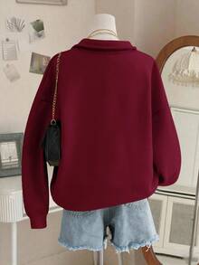 Lalippa 女士纯色落肩长袖半拉链半开襟休闲抓绒卫衣，秋冬款 - 酒紅色 - 查看 2