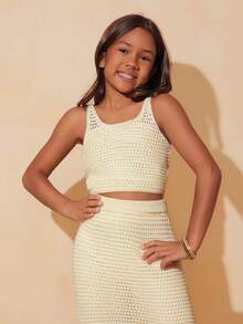 SHEIN Tween Girl Beach Vacation Casual Versatile Camisole & Knit Mini Skirt Set - Beige - View 4