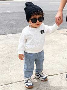 SHEIN Playful Pals 2pcs/Set 0-3 Years Old Baby Boy Unisex Infant Baby Boy Casual Outfit, Including 1 Textured Knit Letter Graphic Long Sleeve Crew Neck Sweater Paired With Blue Elastic Waist Pocket Denim Pants, Suitable For Casual, Outdoor, Travel, Baby Boy/Girl Spring Autumn Winter Clothing Baby Set Autumn Winter Season Baby Boys Outfit Boy Sets Baby Boy Casual Set - Multicolor - View 11
