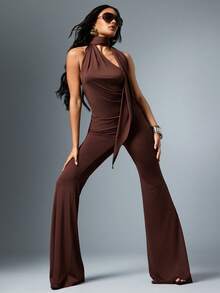 Hauture Fall Boho Sexy Casual Stretch Exaggerated Long Flare Pants - Brown - View 3