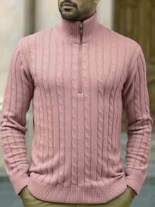 OTTIMOZO 男士拉链半开襟长袖麻花图案休闲毛衣，秋冬款 - 藕粉色 - 查看 5
