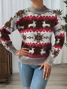 SHEIN LUNE All-Over Print Casual Versatile Crew Neck Long Sleeve Pullover Sweater, Autumn/Winter - Coffee Brown - View 3