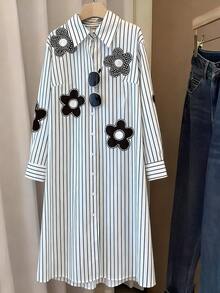 SHEIN LUNE Abito camicia da donna taglie forti con stampa floreale, strisce e strass