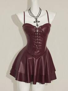 SHEIN ICON 女士Y2K时尚性感夜店派对节日装扮Y2K夜店风露背PU皮迷你吊带裙，黑色 - 酒紅色 - 查看 5