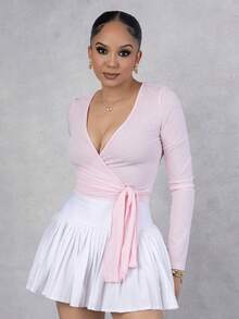Melissa Matos 1 pieza Blusa casual de mujer de manga larga, ajustada, de unicolor con nudo delantero - Rosa - Ver 3