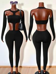 BamGleam Combinaison longue sexy à manches longues et décolleté ajouré pour femmes, couleur unie