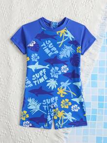 穿上这款儿童连体防晒泳衣，尽情享受夏日乐趣！泳衣采用“冲浪时光”印花、可爱的鲨鱼和热带图案，UPF 50+ 防晒，速干面料，色彩鲜艳——是海滩、泳池或任何户外活动的理想之选。舒适贴身，背部拉链设计，方便穿脱。男宝宝沙滩装，男宝宝泳衣，短袖，男宝宝防晒泳衣 - 彩色 - 查看 5