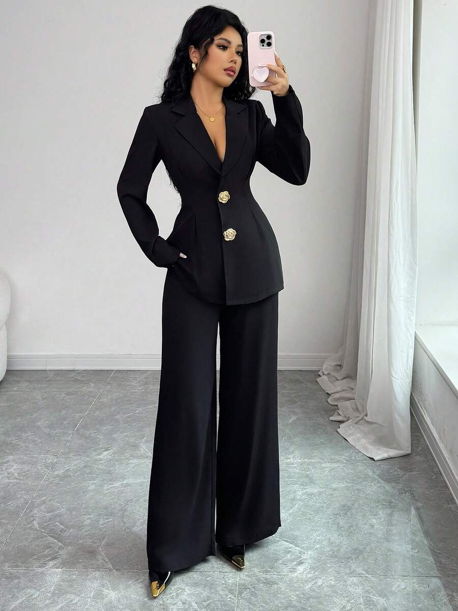 Rafferiza 女士翻领金属花朵单排扣长袖外套和裤子优雅套装黑色裤装女式套装女士西装两件套女士高贵裤装套装加大码 - 黑色 - 查看 1