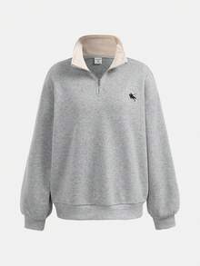 Teen Girl Embroidered Pattern Metallic Zipper Collar Loose Casual Sweatshirt, Grey - Grey - View 4