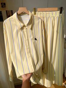 Comfortcana 两件套休闲通勤条纹衬衫和裤子 - 黃色 - 查看 5