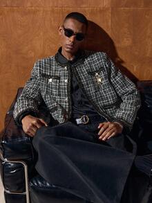 AKNOTIC Business Casual Men's Plaid Long Sleeve Multi-Pocket Chest Patch Jacket, Autumn/Winter - Black - View 1