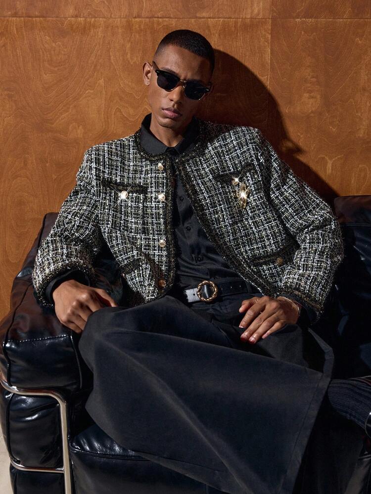 Men's Plaid Long Sleeve Multi-Pocket Chest Patch Jacket, Autumn/Winter