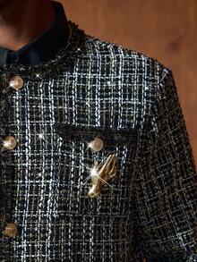 AKNOTIC Business Casual Men's Plaid Long Sleeve Multi-Pocket Chest Patch Jacket, Autumn/Winter - Black - View 3