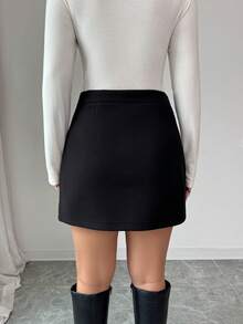 Elenzga 不对称下摆优雅短款羊毛混纺半身裙，女士休闲冬季半身裙，时尚黑色半身裙 - 黑色 - 查看 2