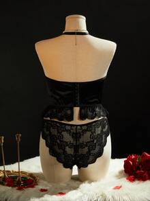 SpicyHot Plus Size Sexy Halter Lace Patchwork Satin Top + Panties + Nipple Covers 4-Piece Set - Black - View 8