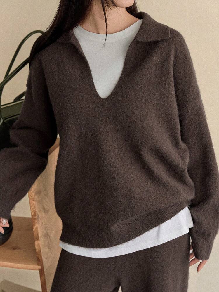 Women's Solid Color Drop Shoulder Long Sleeve Sweater And Knit Pants Casual 2-Piece Set, Autumn/Winter Business Casual Woman