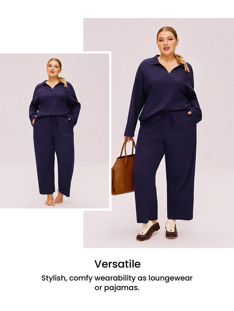 Conjunto de pijama de 2 piezas de talla grande para mujer, de algodón suave con textura de gofre, con manga larga y pantalón largo con bolsillos, lencería con pantalones con bolsillos, pijama de otoño