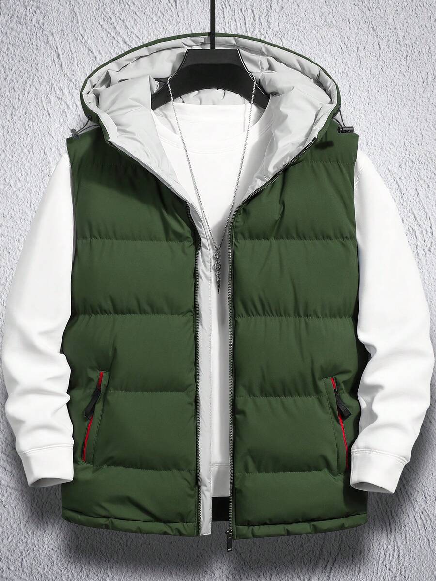 Manfinity Homme 1 pieza Chaleco acolchado con capucha y cremallera de ajuste holgado para hombre - Verde militar - Ver 1