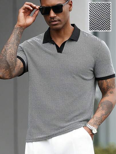 Manfinity CasualCool 男士翻领针织Polo衫，针织钩编面料，送给丈夫和男友的礼物，适合日常外出、朋友聚会和休闲周末穿着，INS高尔夫球衫畅销百搭单品，灰色针织短袖男士Polo衫