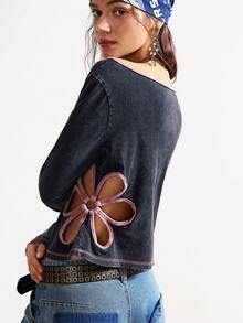 Bohemela Boho Autumn/Winter Outerwear, Vintage Casual Women's Floral Hollow Design Washed Black And Pink Long Sleeve Cropped Top, Western Country Style Concert Party, Suitable For Beach Vacation & Daily Wear & Back To School & Going Out & Party, Christmas, New Year,Black Top - Black - View 7