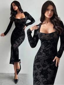 Firerie Women's Black Flocked Floral Elegant Fitted Midi Dress, Bustier Dress, Vintage Dress, Spring/Summer/Autumn, Elegant, Work, Sexy, Romantic, Date, Party, Wedding, Graduation, Performance, Concert, Work Attire, Back To School, Women's Birthday Dress,New Year Clothes