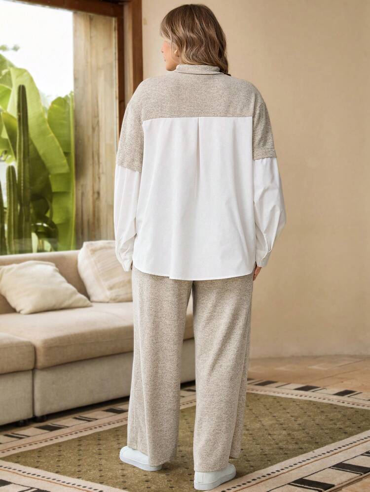 Plus Size Women High Collar 2 In 1 Long Sleeve Top And Wide Leg Pants Casual 2 Pieces Set, Thanksgiving Outfit For Women, Autumn/Winter,2025 New
