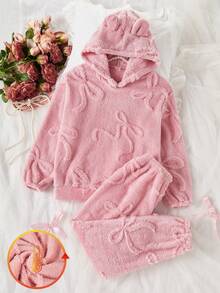 2 peças/Conjunto Pijamas de Moletom de Coral com Laço Rosa Fofo Oversized para Meninas, Conjunto de Sleepwear Quente e Confortável para o Inverno, Adequado para Presente no Outono/Inverno
