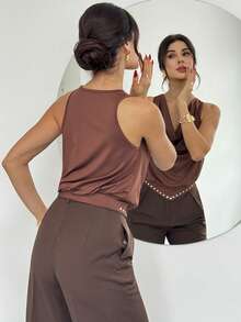 Firerie Women's Elegant Minimalist Casual Fashion Commute Party New Year Valentine's Day Cowl Neck Draped Rivet Brown Camisole Top - Brown - View 3