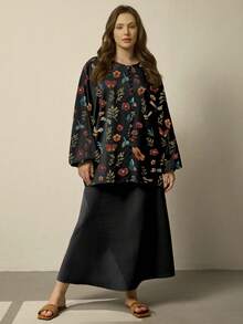 Linhara 大码女式时尚优雅休闲蝙蝠袖圆领宽松秋季两件套，咖啡色 - 黑色 - 查看 3