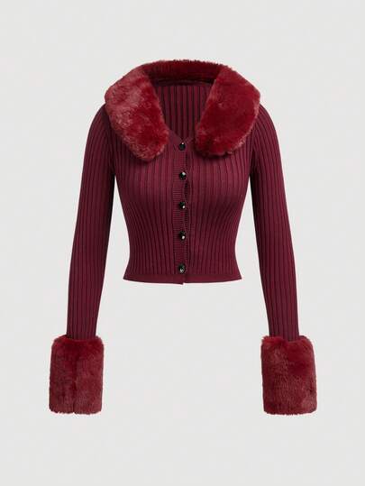 SHEIN ICON كارديجان أكمام طويلة باللون الأسود مع أساور فرائية وياقة بورغ، ملابس علوية أكمام طويلة مناسبة للخريف والشتاء